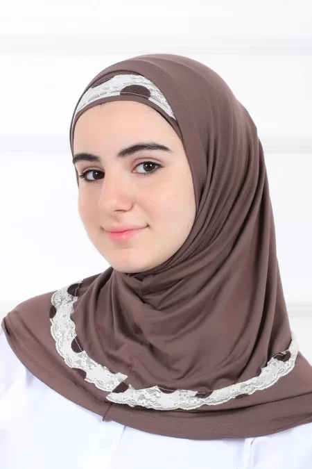 Brown Color Spots Kids Two Pieces Hijab Lace Design