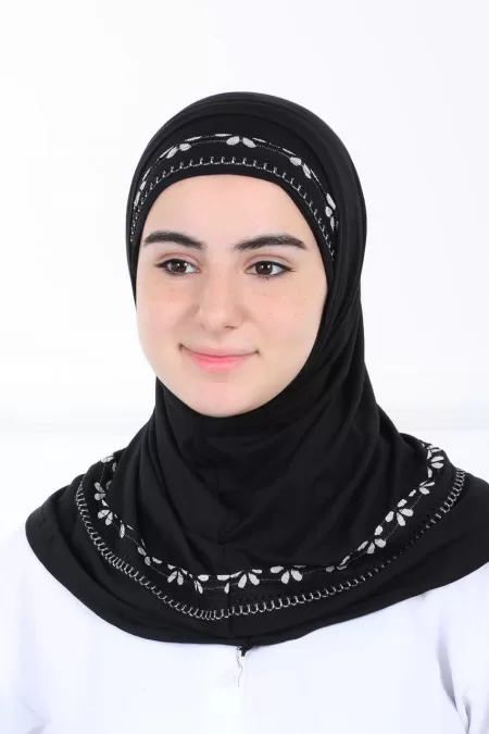 Black Flower Kids Two Pieces Hijab Lace Design