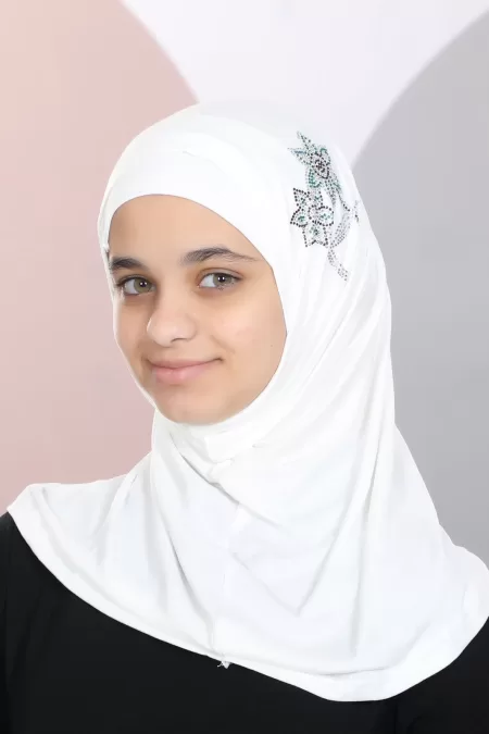 White Kids Two Pieces Hijab Crystal Design