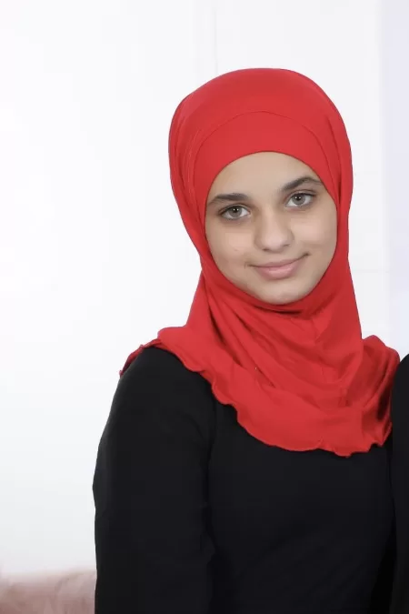 Red Kids Two Pieces Hijab plain Design