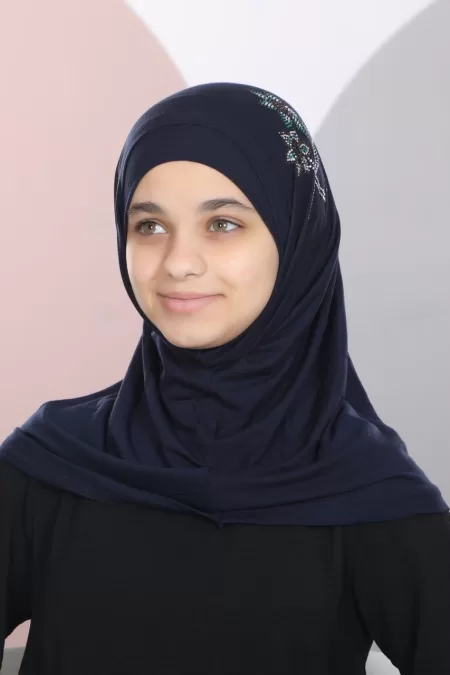 Navy Kids Two Pieces Hijab Crystal Design