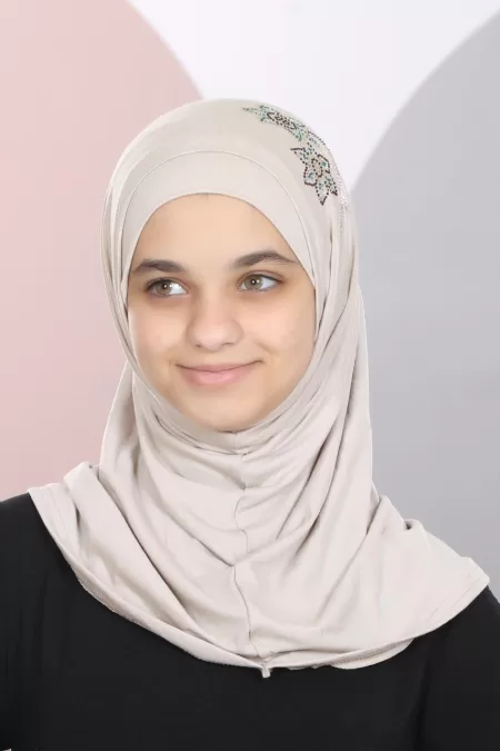 Light Beige Kids Two Pieces Hijab Crystal Design