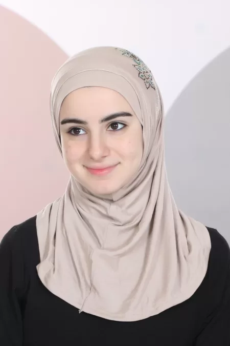 Beige Kids Two Pieces Hijab Crystal Design