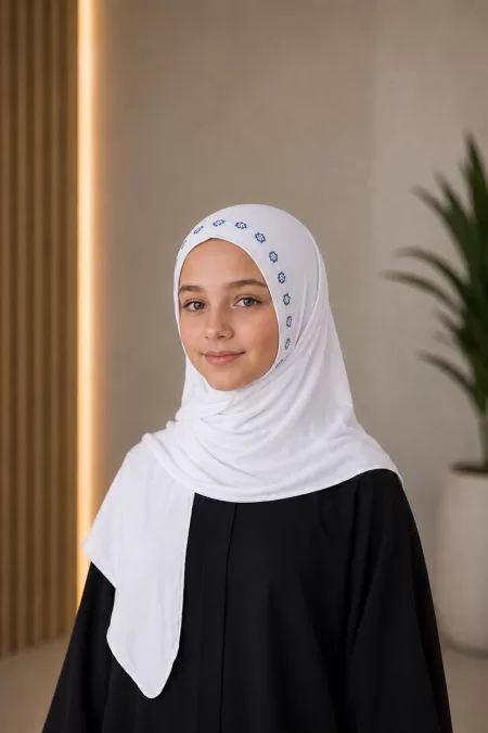 White Blue Crystal Kids One Piece Hijab Wrap Design