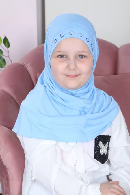 Baby Blue Kids Two Pieces Hijab Crystal Design