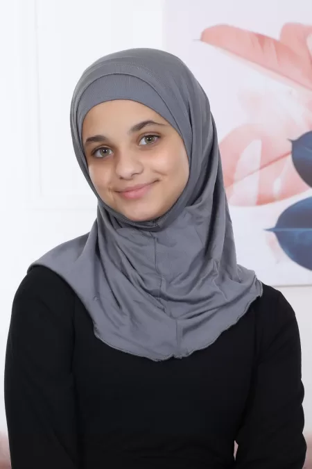 Dark Grey Kids Two Pieces Hijab plain Design