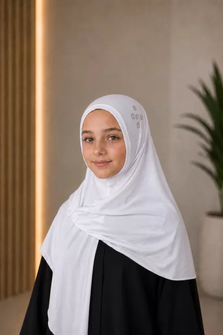 White Gold Crystal Kids One Piece Hijab Wrap Design